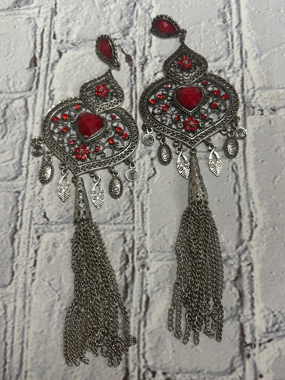 Red Silver Toned Romantic Gothica Chandelier Earrings 6” Drop